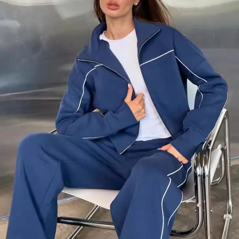 Autumn Winter Loose Warm Tracksuit 2pc Set Women Elegant Turn-down Collar Zipper Coat & Sweatpants Suit Casual Sportswear Outfit