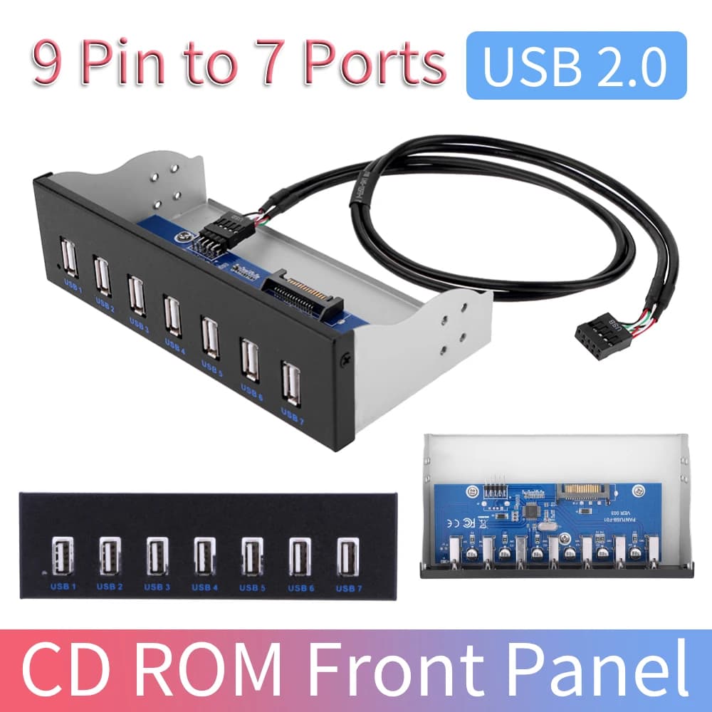 9 Pin to 7 Ports USB 2.0 Hub 5.25 inch CD-ROM Drive Bay CD ROM Front Panel