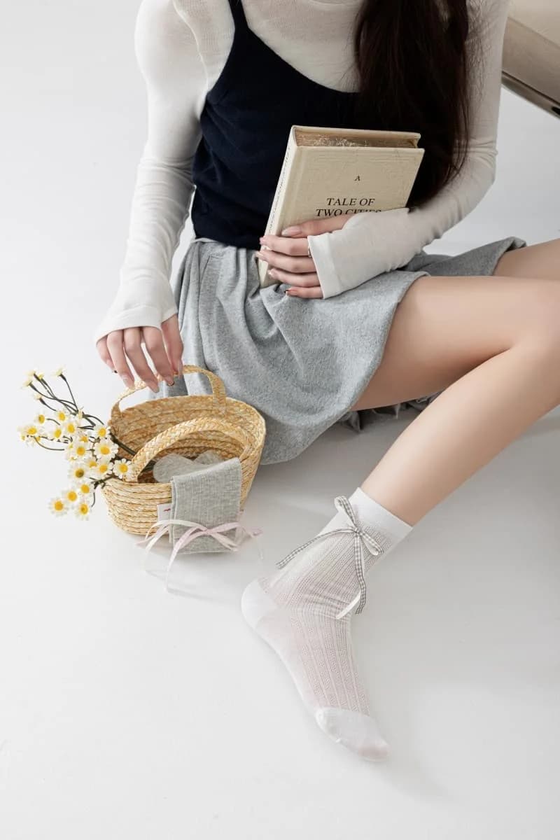 Calzini in pizzo con fiocco dolce per donna | Calzini corti in cotone traforato a rete | Calzini alla caviglia in stile Lolita giapponese
