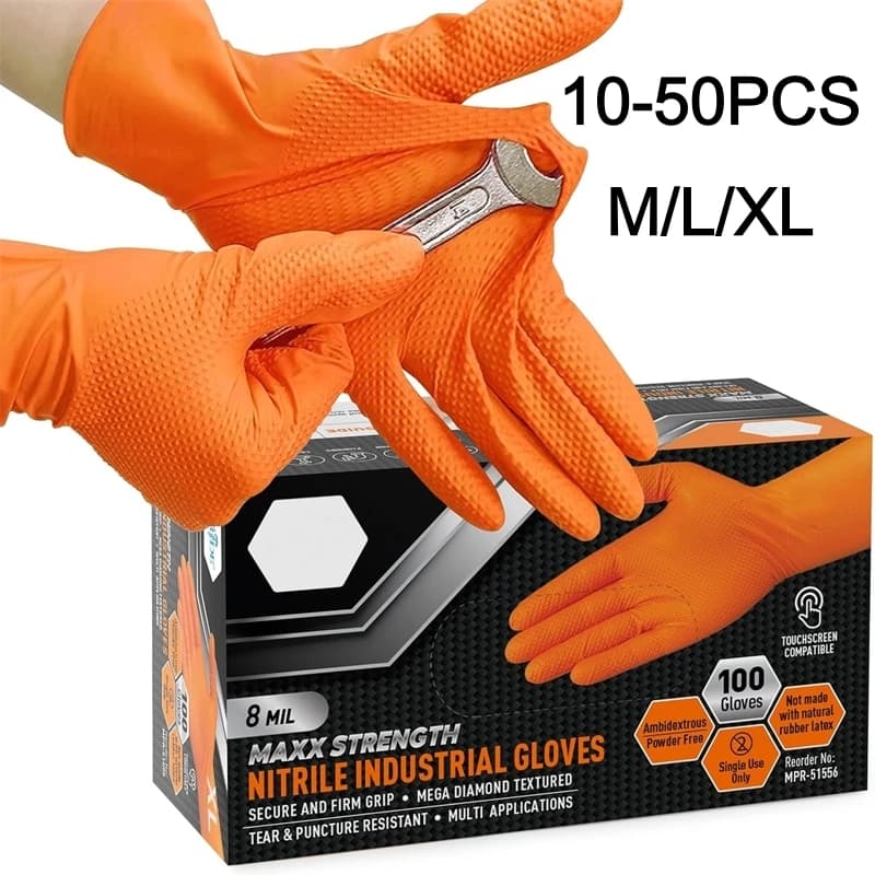 Guanti industriali resistenti in nitrile arancione monouso da 8 ml con impugnatura testurizzata a diamante per uomo, giardinaggio, cortile, prato, sicurezza sul lavoro