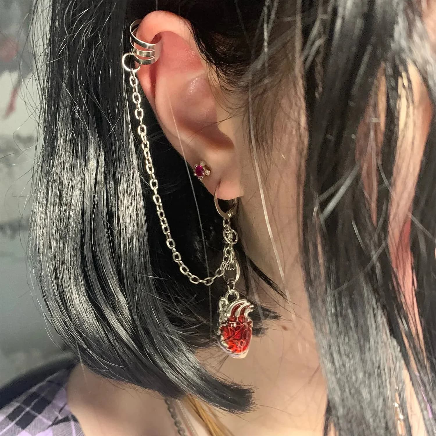 Beating Heart Asymmetrical Cuff Earrings Chain Ear Cuffs Clips Jewelry Gifts Witchy Gothic Punk Vampire Spooky Earings For Women