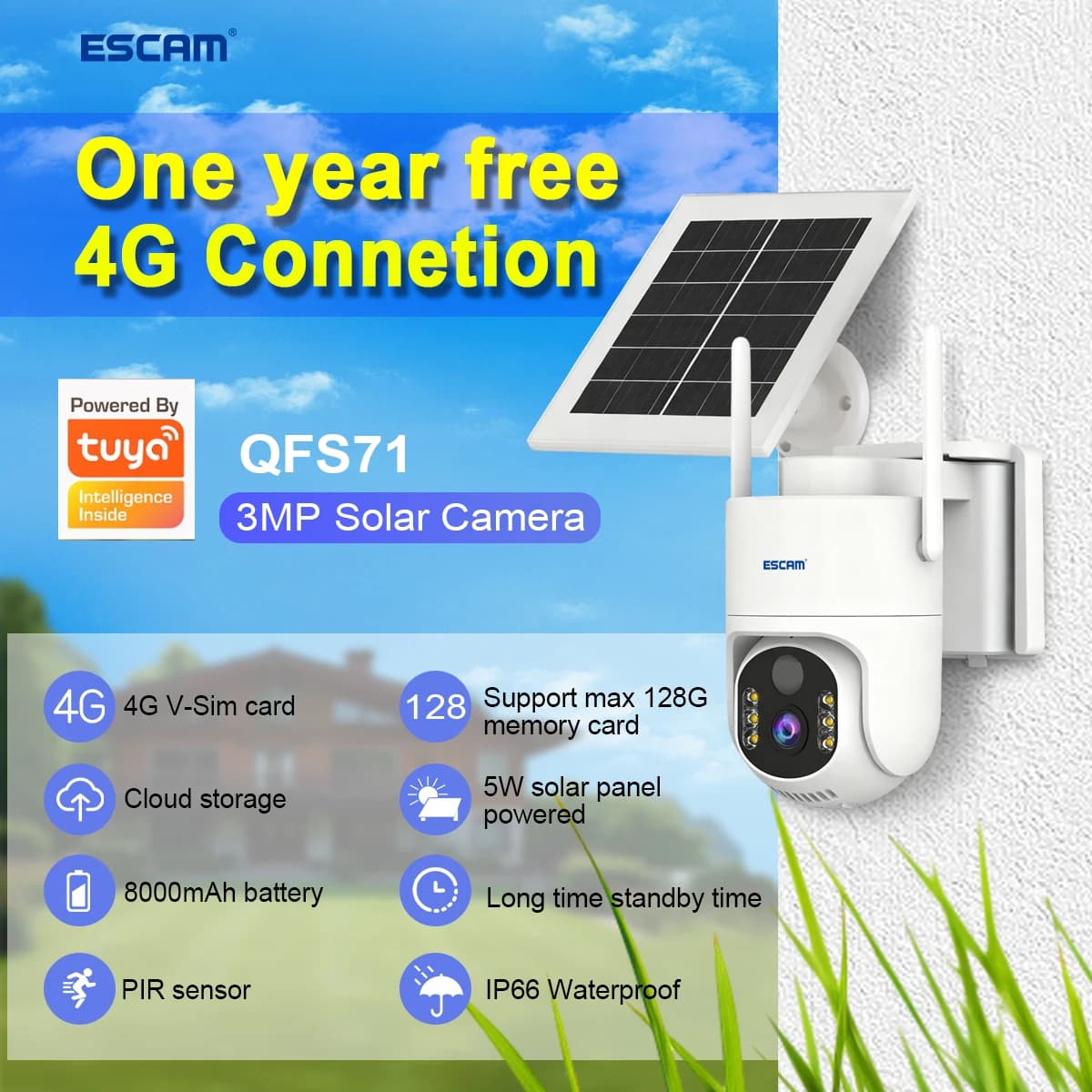 Telecamera IP Dome ESCAM QFS71 3MP 1296P con App Tuya, 4G, Alimentazione Solare, Visione a Colori, Rilevamento AI Umanoide, Sicurezza Domestica, Monitoraggio Bambini
