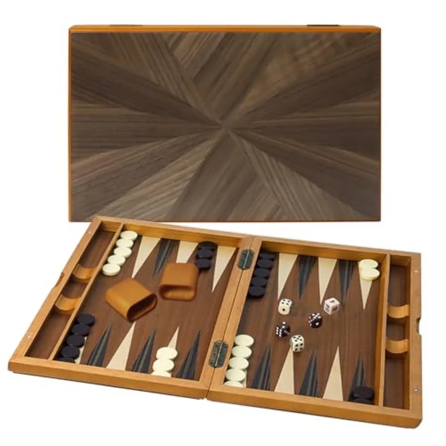 Set di Backgammon Pieghevole in Legno Premium con Intarsi, Gioco da Tavolo Strategico Classico Tradizionale, 17 Pollici, Legno Naturale Marrone Scuro