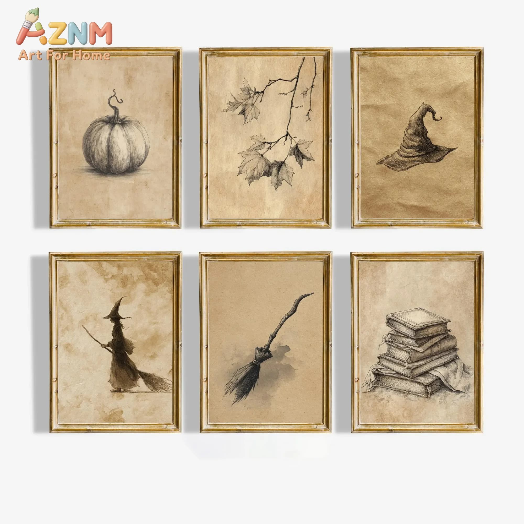 AZNM Vintage Paper Halloween Canvas Wall Art Witch Broom Hat Pumpkin Maple Leaf Old Book Sketch Print Unframed Canvas Painting F