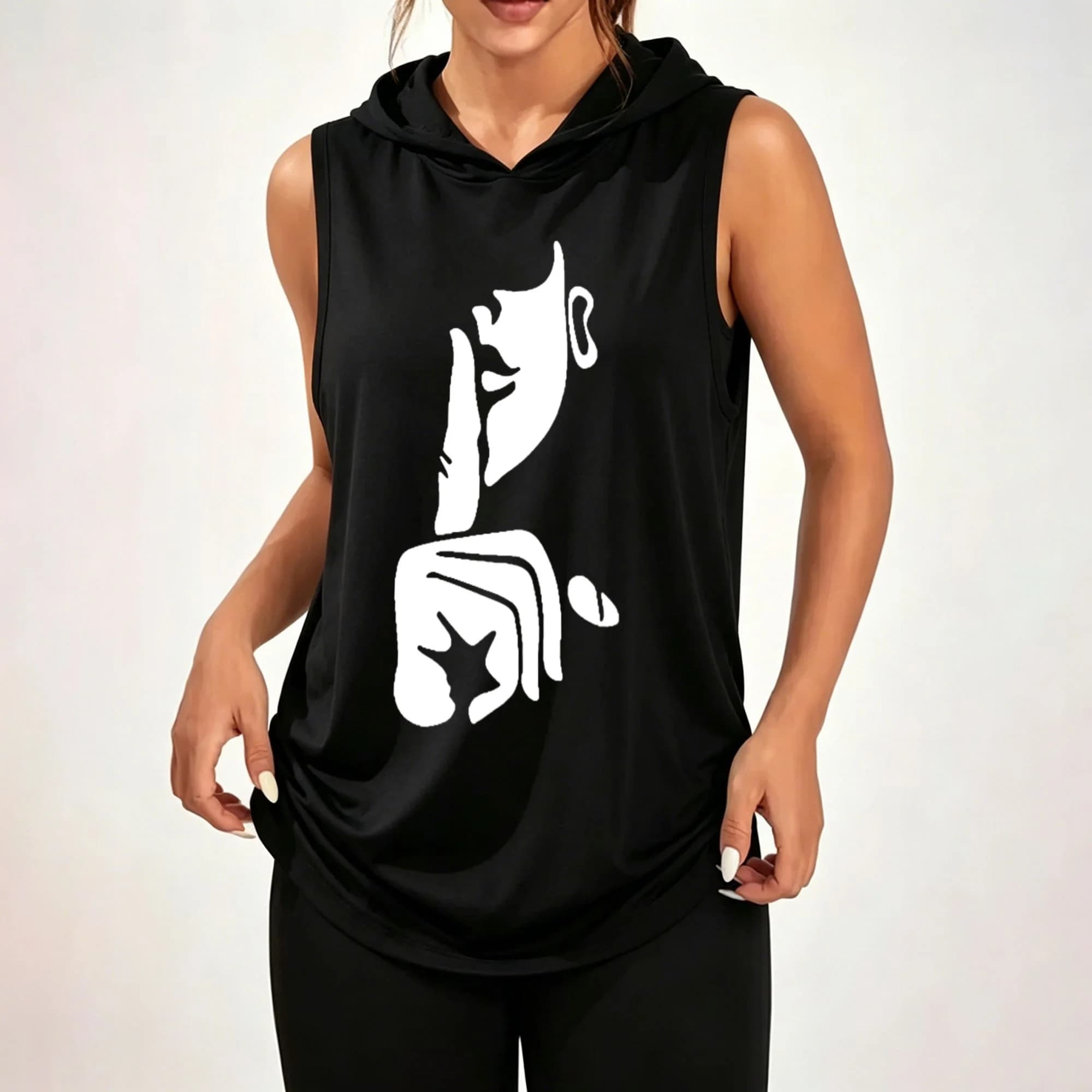 Loose-fit sleeveless hoodie featuring an abstract side-profile portrait and palm-with-star print; a unique, casual, unisex oversized athletic top.