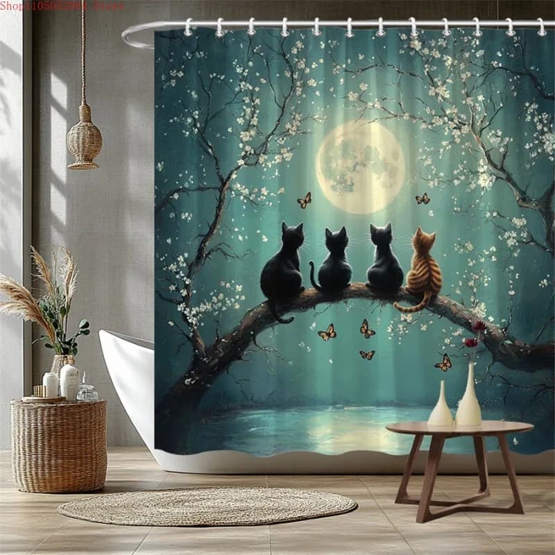 1pc moonlight cats shower curtain surreal fantasy digital - With Hooks Waterproof Mildew Proof Easy Install Washable
