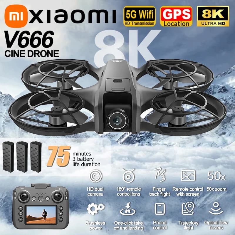 Xiaomi V666 Drone 8K Aerial HD Dual Camera Intelligent Obstacle Avoidance Screen Remote Control Brushless Power GPS Return Drone