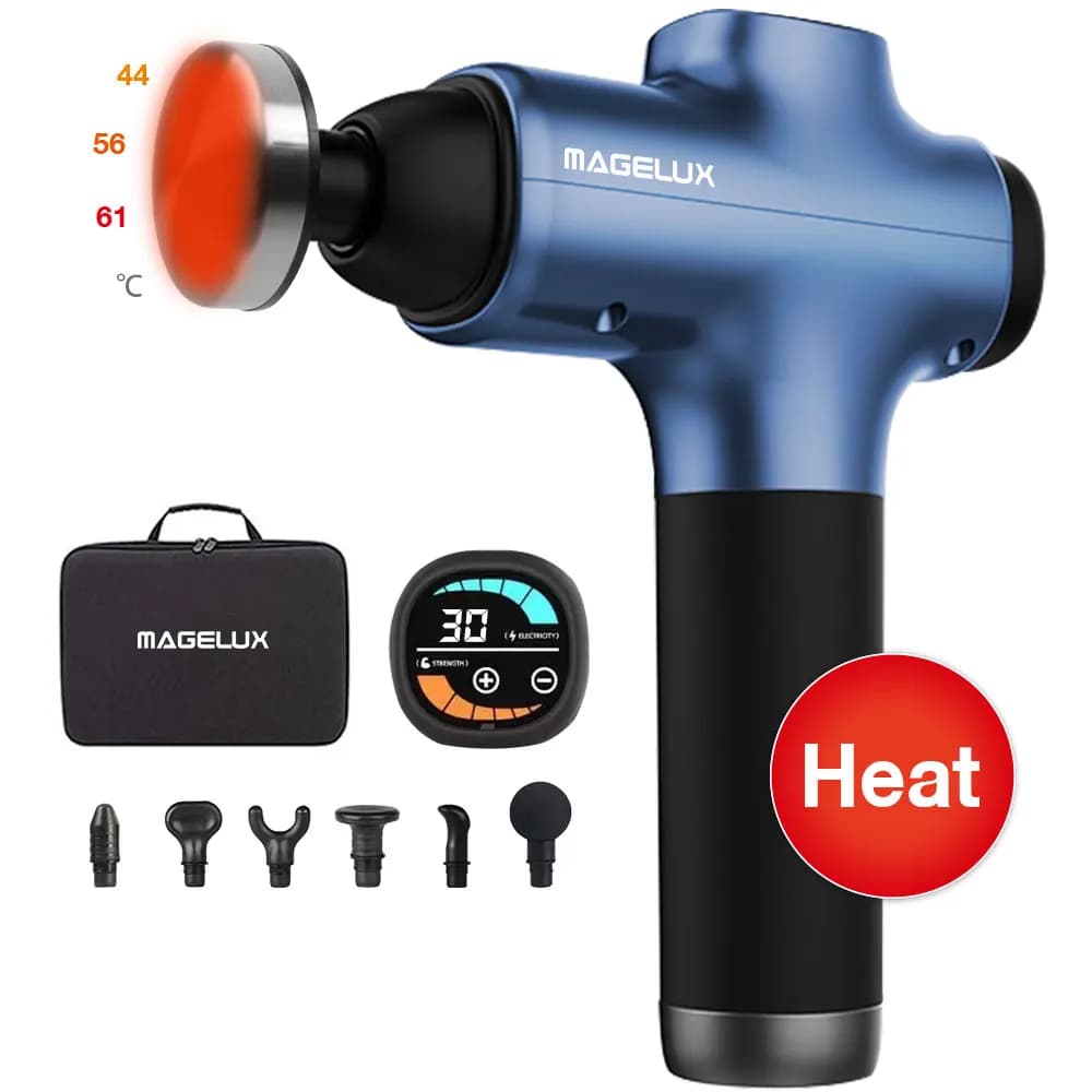 24V Pro 2025 Blue Portable Electric Massage Gun with Touch LCD Screen, 16mm Heater for Deep Muscle Massage