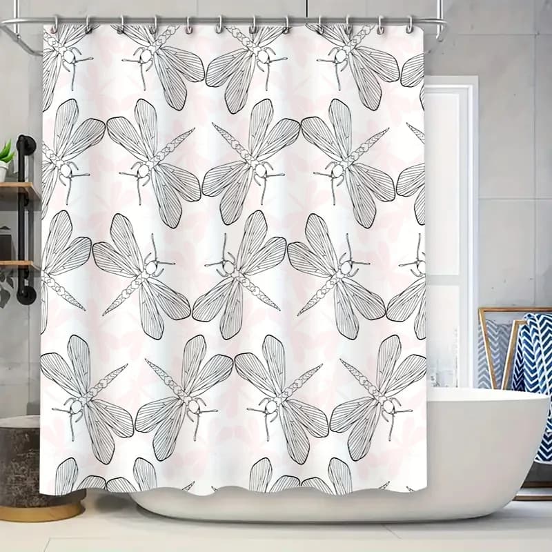 Set di tende da doccia moderne con libellula floreale Collezione di decorazioni Bianco Nero con supporti per aste inclusi per la decorazione del bagno A