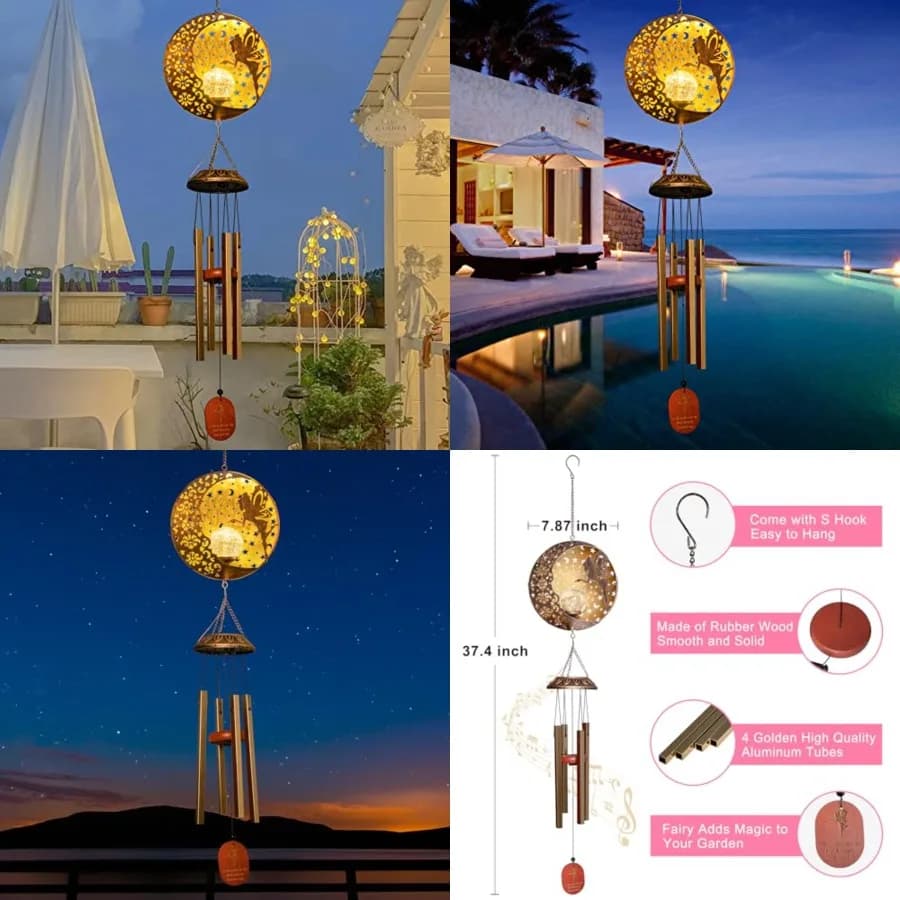 Campanelli a Vento da Esterno con Luci Solari a Sospensione e 4 Tubi in Alluminio, Decorazioni per Giardino, Patio, Portico, Terrazza, Perfetti per l'Arredo del Giardino