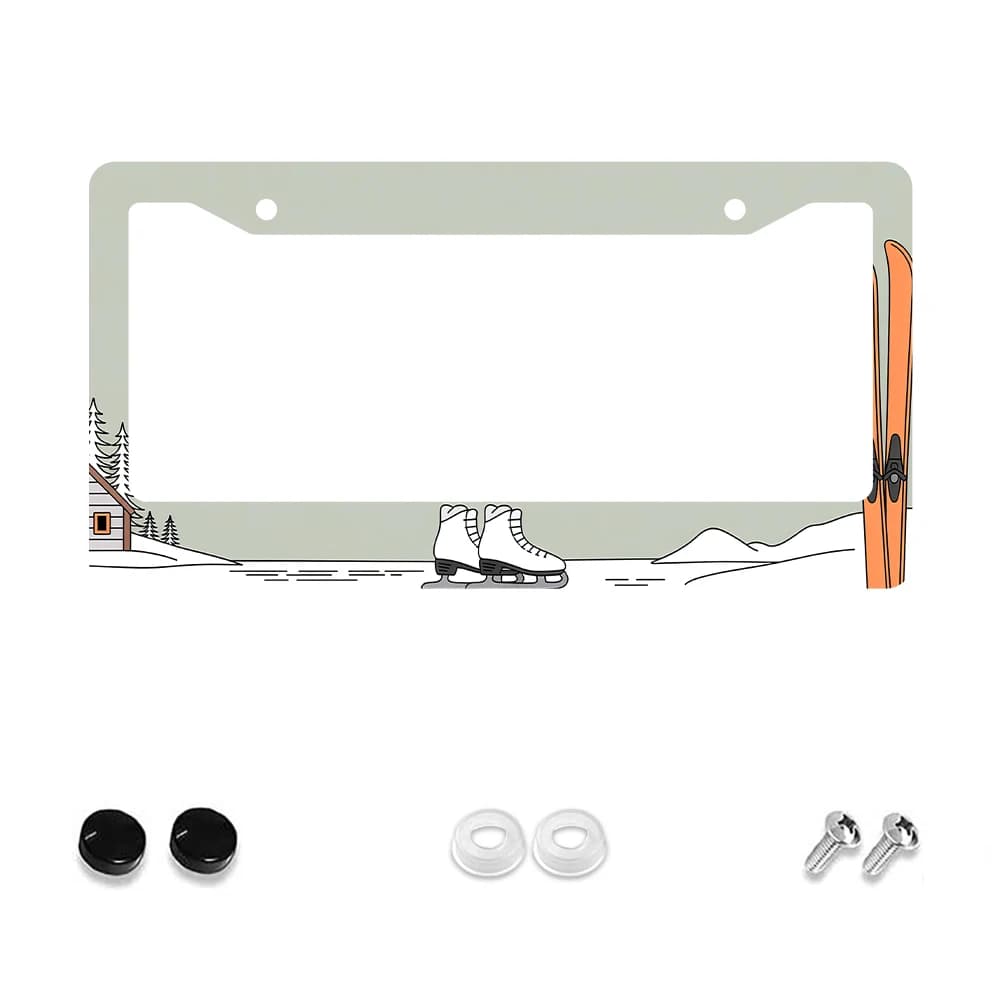Telaio targa a 2 fori verde e arancione da 1 pezzo con motivo sci e pattini da ghiaccio, materiale in alluminio, 6x12 pollici, include kit di viti