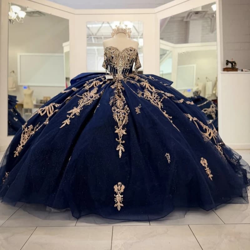 Navy Blue Shiny Ball Gown Quinceanera Dresses Gold Applique Lace Beading Crystal Bow Tull Corset Off The Shoulder Sweet 16 Dress