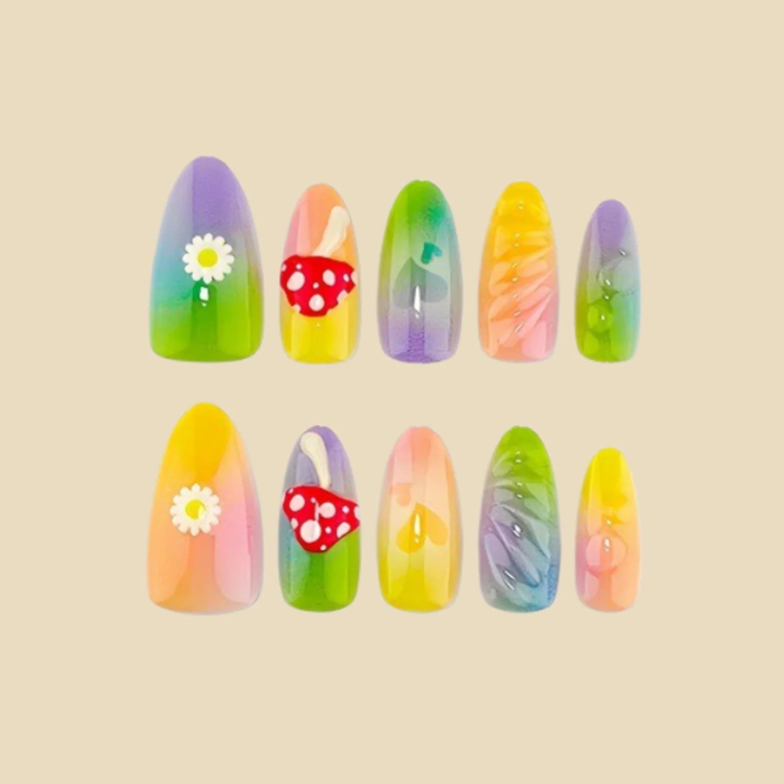 30pcs Embossed Mushroom Daisy Pattern Press On Nails Colorful Gradient False Nails for Women Girls DIY Manicure Art