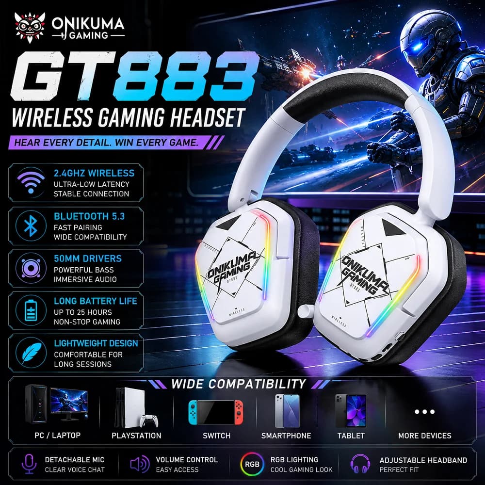ONIKUMA GT883 Foldable Wireless Gaming Headset | 4 Modes (BT/2.4G/Wired), 360° Rotating Earcups, Hi-Fi Sound, Long Battery Life