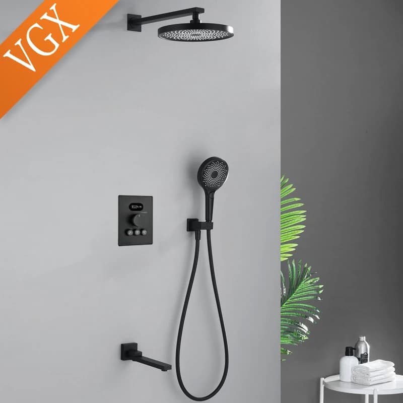 VGX Concealed Thermostatic Shower System Set Temperature Digital Display Waterfall Shower System Rainlfall Bathroom Shower Set