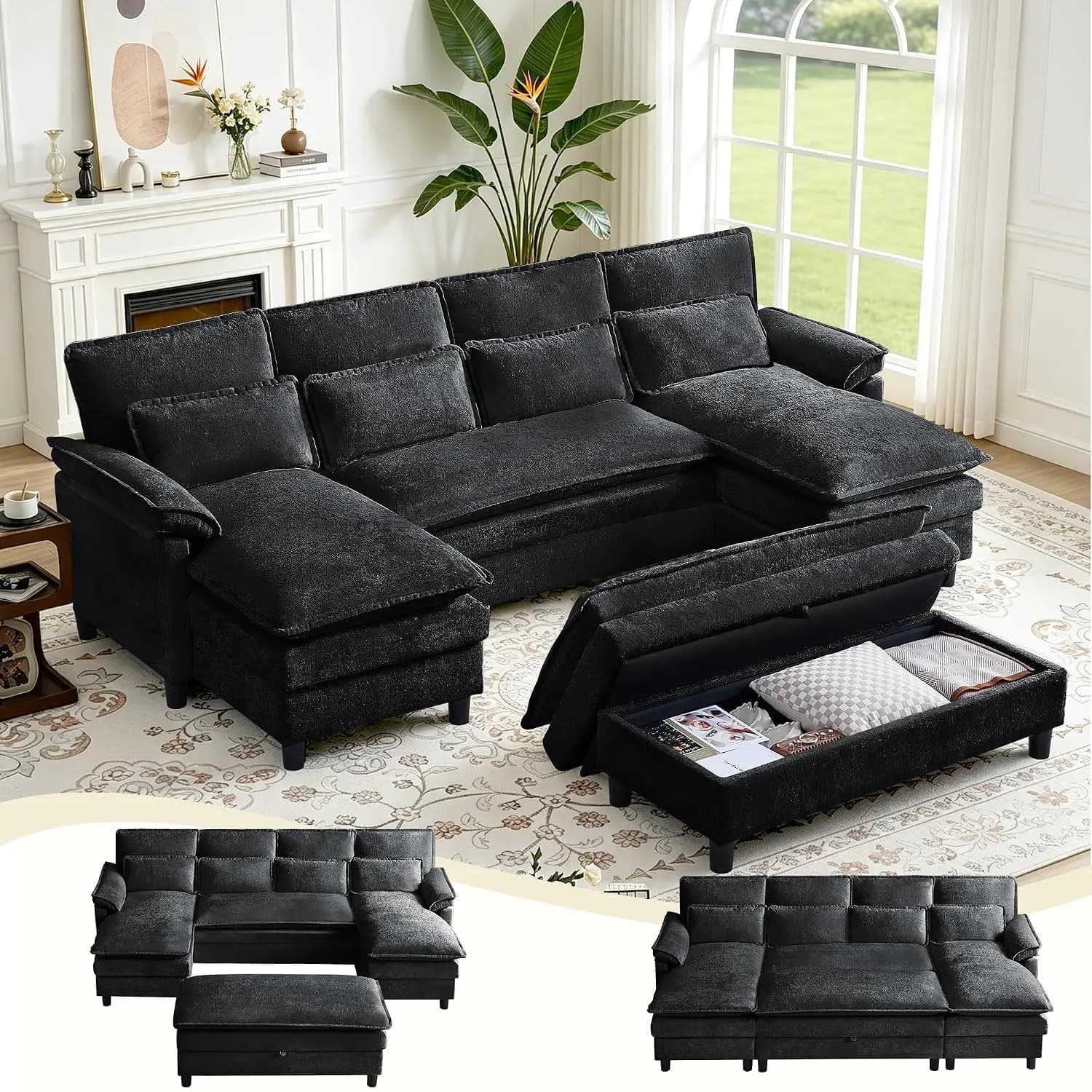 105" U Shaped Cloud Sofa Set With Storage Ottoman, Chenille Convertible Sectional, Lumbar Pillow, Double Chaise, Customized