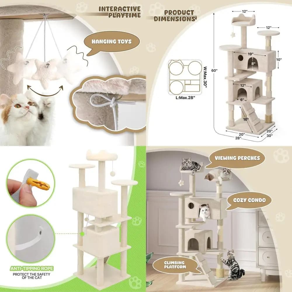 Torre per Gatti da Interno a 60 Livelli con Cuccia, Tiragraffi, Piattaforma Superiore, Tavola in Sisal e Palla Pendente per Gattini (B)