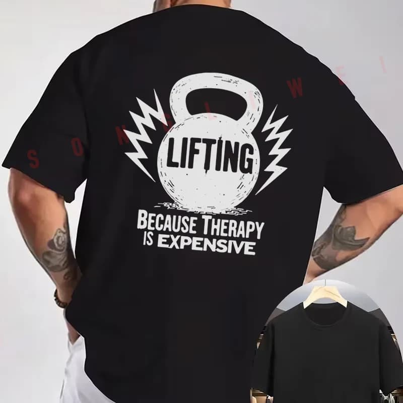 LIFTING Kettlebell Fun Slogan Graphic Motorcycle T-Shirt back Print Men's Short sleeve O-neck Summer Casual Fashion Tops Tee