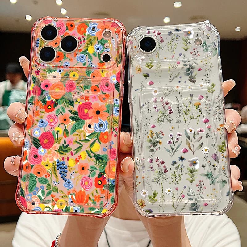 Colored Flower Printed Silicone Phone Case For iPhone 17e 17 Pro Max 16 15 14 13 Pro Max 16e Shockproof Card Slot Soft TPU Cover