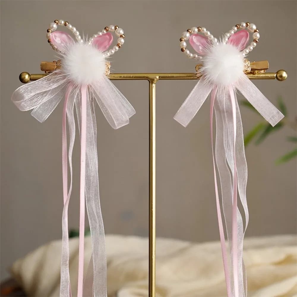 1 Pair Pair Pack Hanfu Hairwear Handmade Plush Fur Bunny Hair Clips Retro Style Lightweight Chinese Hairpins Stage Dance