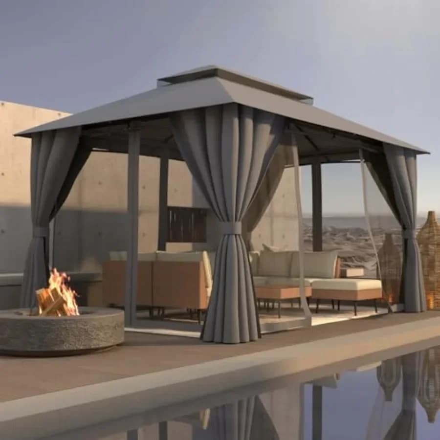 Outdoor Gazebo 10x13 with Double Roof Patio Gazebo with Netting Curtain Included. Trapezoidal Support System for Enhanced Stabi