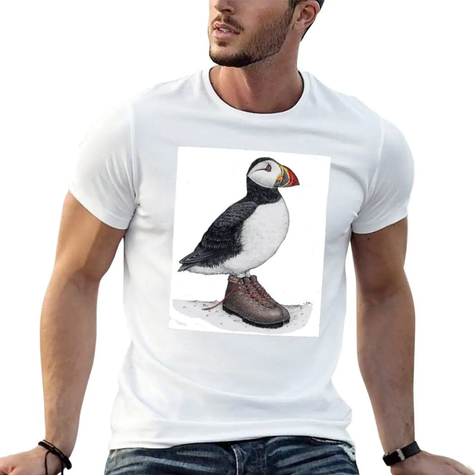 T-shirt Puffin in hiking boots da uomo, t-shirt da uomo di design, t-shirt da uomo 100% cotone, t-shirt di marca di lusso