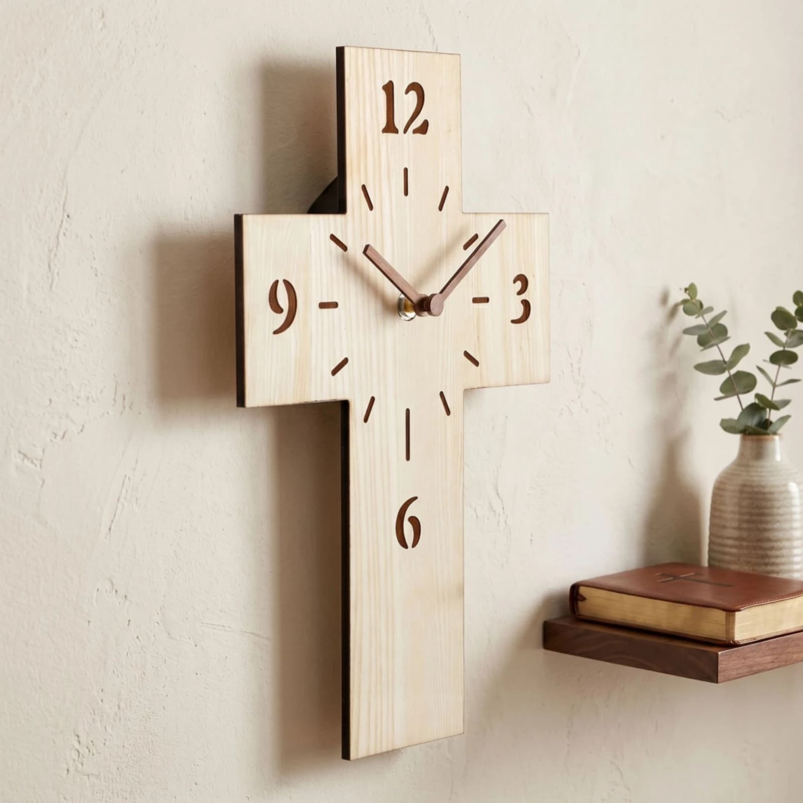 Cross-Shaped Wall C-Clock Laser-Engraved Numerals Wood Wall C-Clock House Decoration Minimalist Quiet Movement
