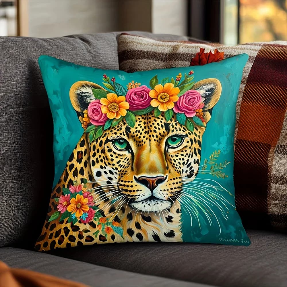 2D Flat Boho Floral Leopard Throw Pillow Cover Teal Wild Cat Decorative Pillowcase Home Living Room Bedroom Couch Sofa
