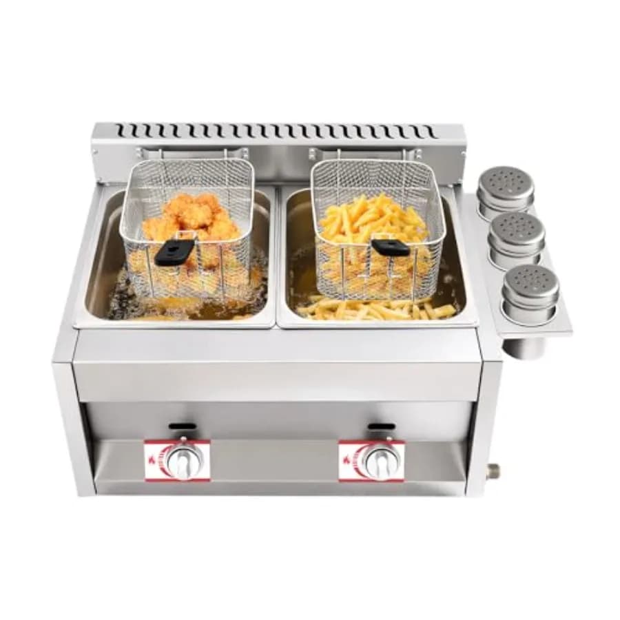 Friggitrice Elettrica Commerciale con Cestelli e Coperchi, Grande Capacità 12L, Friggitrice a Gas Propano a Doppio Cesto con Controllo della Temperatura