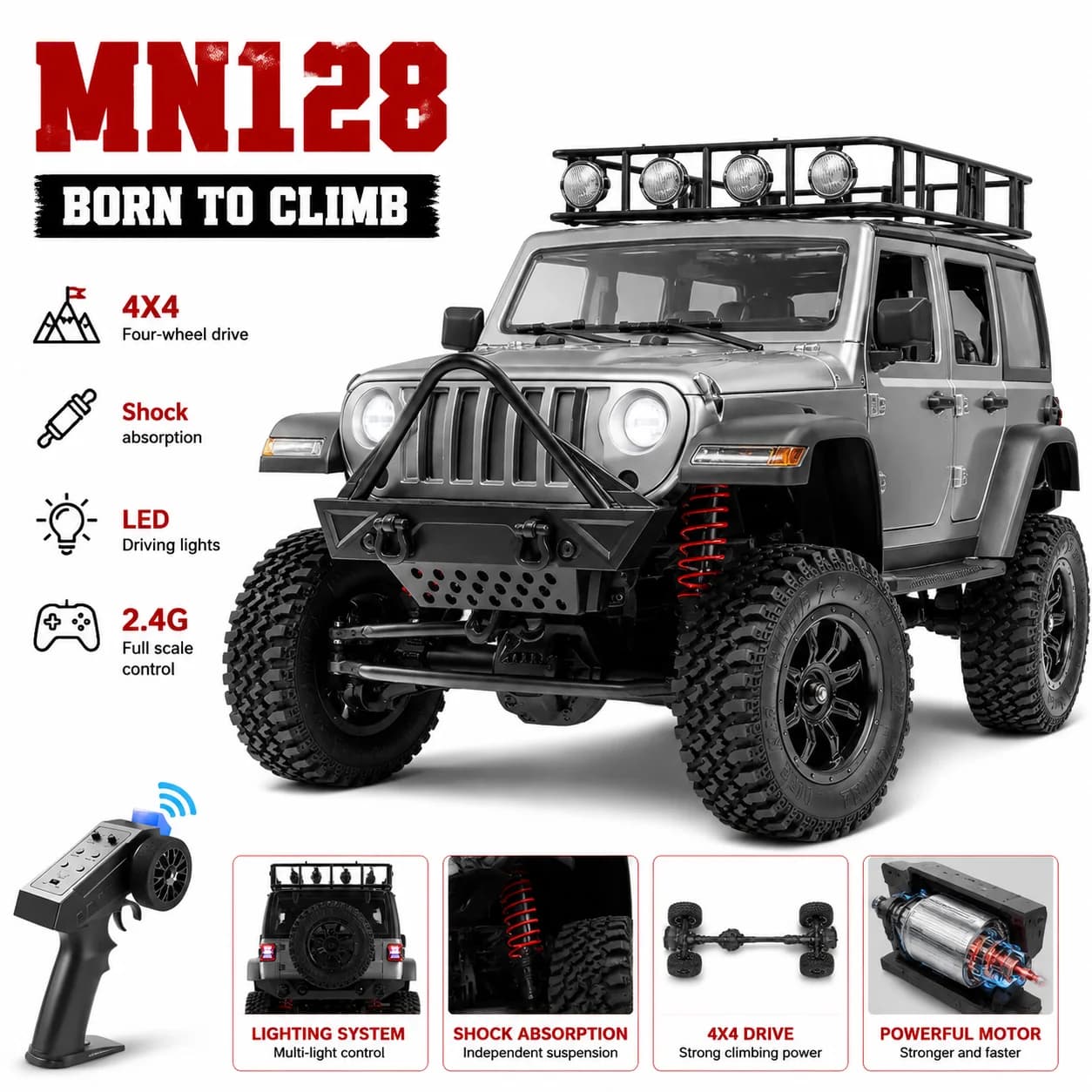 Nuova Auto Telecomandata RC MN128 1/12 2.4G a Quattro Ruote Motrici, Proporzionale, Mnrc RTR con Luci LED, Fuoristrada, Regalo per Ragazzi
