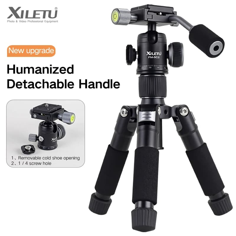 XILETU FM5C2 Mini treppiede portatile in metallo Supporto da viaggio leggero con impugnatura frontale da 360 gradi per fotocamere DSLR Cellulari