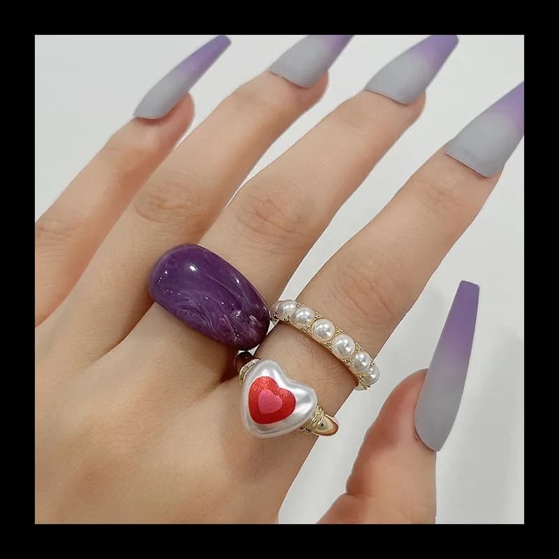 Set of rings printed with alloy gold plated pearls with original design for women, resin heart