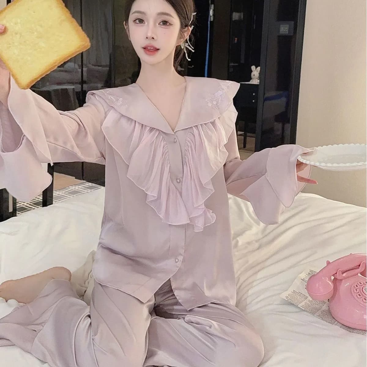 Sweet Ruffles Lapel Pajamas Set Women's Sleepwear Spring Autumn Long Sleeve Trouser Suits Pyjama Femme Loose Ice Silk Homewear