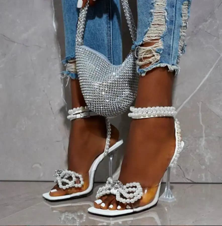 Sandali con Tacco Trasparente, Perle e Strass, Design Personalizzabile, Servizio DIY per Calzature