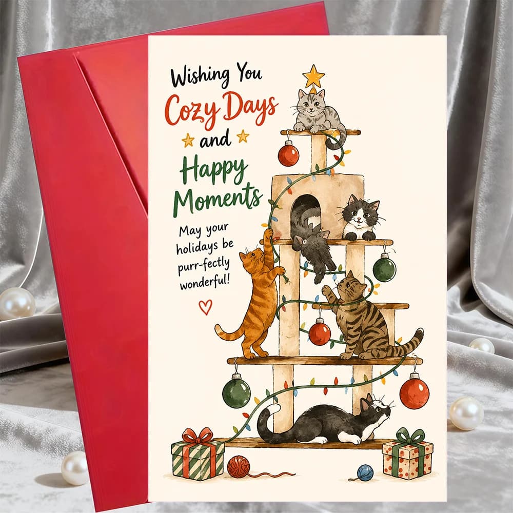 Cute Cat Christmas Greeting Card, Cat Tree Tower Xmas Card, Holiday Wishes Card for Cat Lovers with Envelope