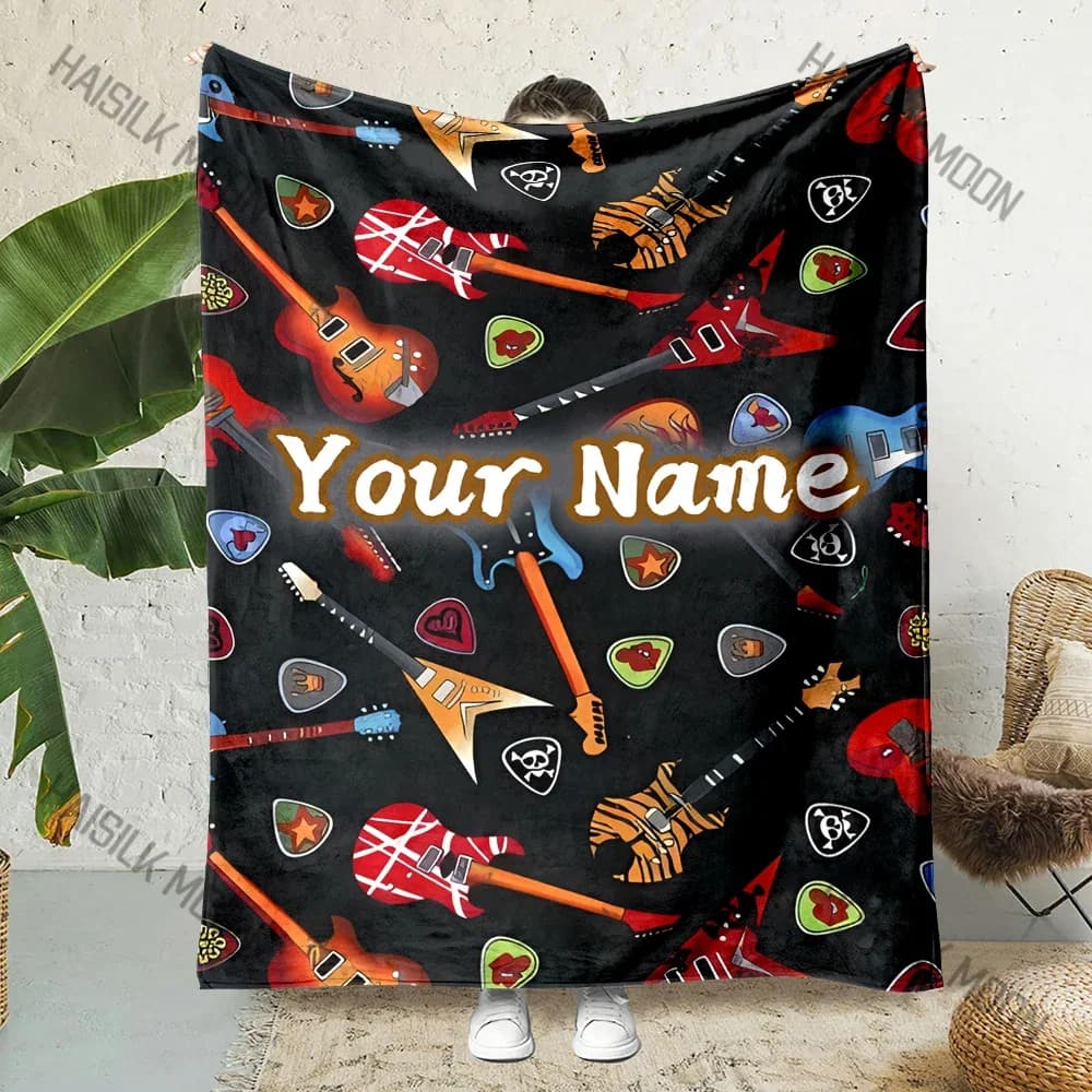 Nome personalizzato Coperta personalizzata Modello di plettro per chitarra Coperta per amanti della musica Morbida e confortevole per viaggi a casa per adulti e coperta
