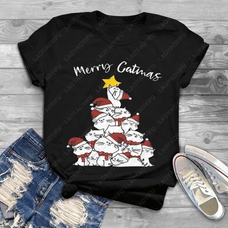 Merry Catmas Gatti divertenti Albero di Natale Regali di Natale per gli amanti dei gatti Maglietta Uomo Donna Cotone Kawaii Lovely Tees Ropa De Mujer Top