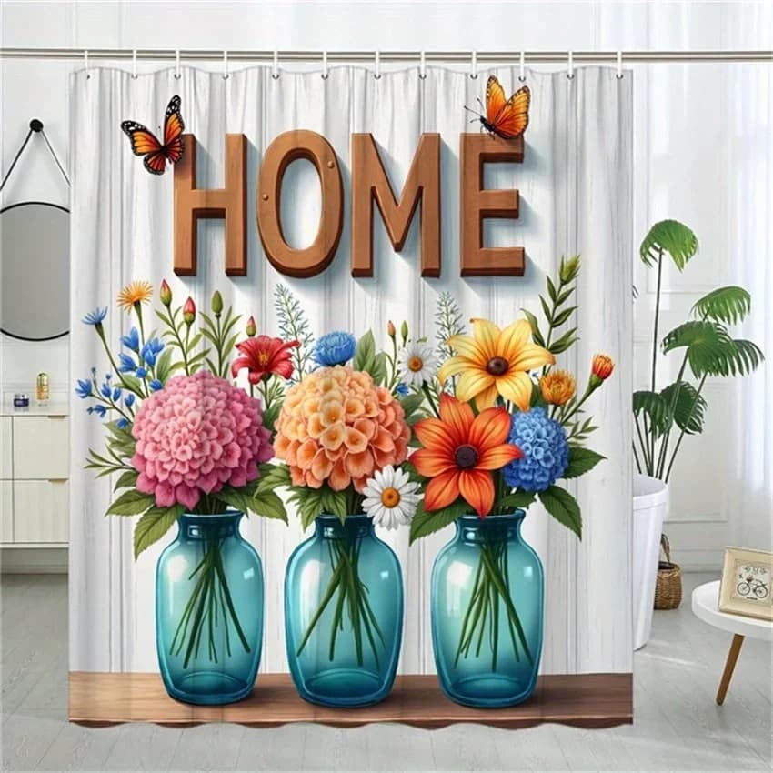 Tenda da doccia con fiori e farfalle vibranti - Lettere in legno, design per vasi in vetro, 70,8x70,8 pollici, include 12 ganci