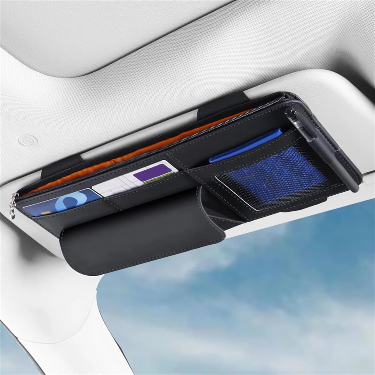 Car Sun Visor Multi-Pocket Storage Organizer, Hanging Holder with Zipper & Mesh Slots for Cards, Pens and Small Vehicle Items