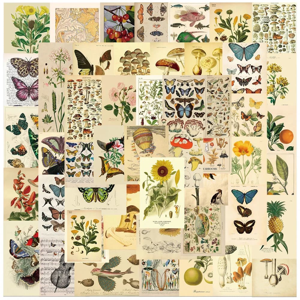10/30/50 Pezzi Adesivi Vintage con Farfalle, Piante e Fiori, Adesivi Cartoon con Frutta, Decorazioni Divertenti per Frigorifero, Telefono, Bottiglia d'Acqua