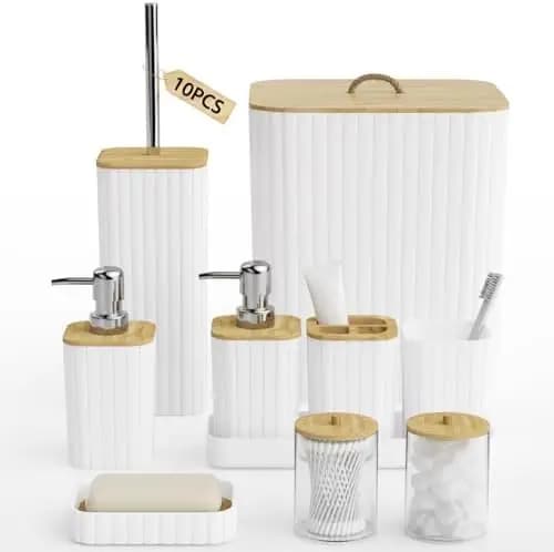 Set di 10 Accessori da Bagno Bianchi con Spazzola per WC, Cestino e Dispenser Sapone