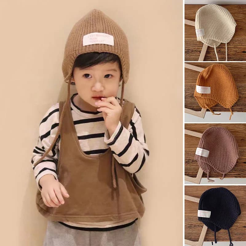 Winter Warm Kids Ear Protection Hat Solid Color Woolen Baby Knitted Beanie 4-6year Children Earmuffs Cap Infant Headgear Bonnet