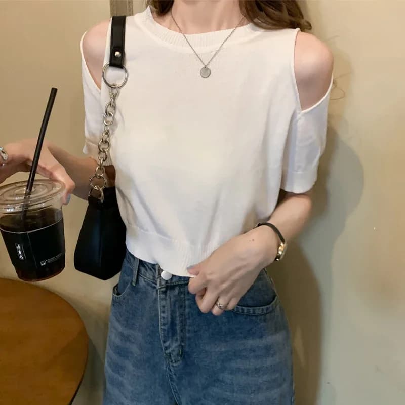 2025 High Street T-shirt Donna Estate Nuovi Nozioni di base Lavorato a maglia Coreano Solido O-Collo Off-the-spalla Design Y2k Top Donna