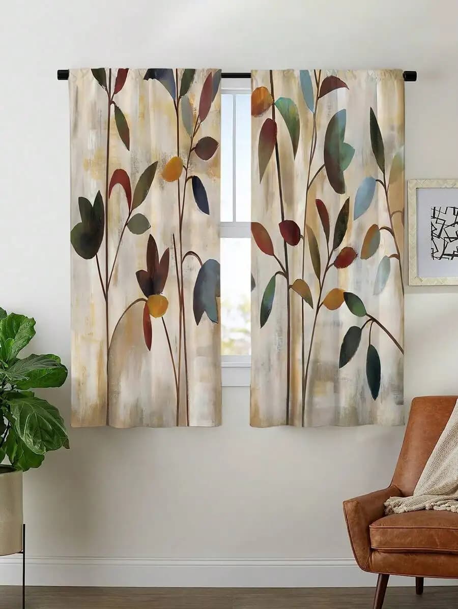 2pcs Watercolor Plant Leaf Curtains, No Hole Curtains, Suitable For Bedroom, Office, Kitchen, Living Room, Study And Other Home