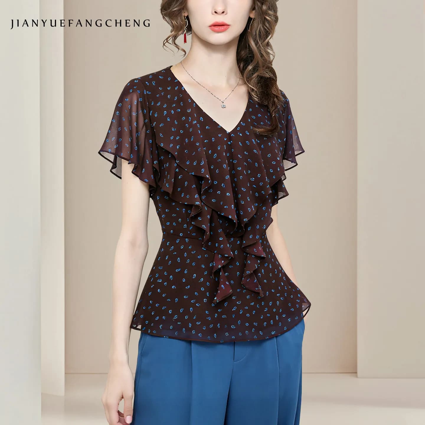 Fashion Polka Dots Printed Chiffon Blouse Women Summer Short Sleeve V neck Ruffles Top Elegant Slim Casual Working Shirts