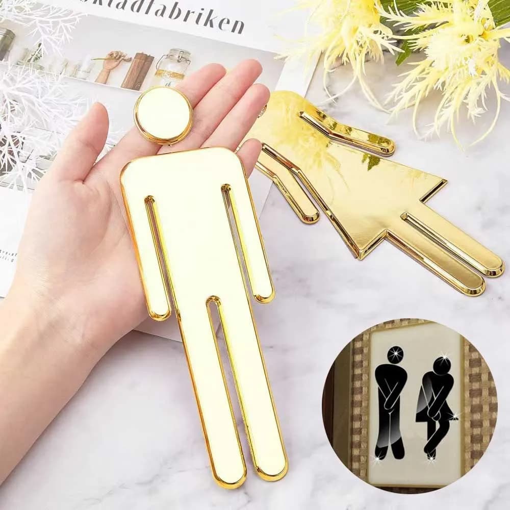Targa Segnaletica WC in Acrilico 3D Nero e Oro, Adesivo per Porta Bagno, Insegna Decorativa per Hotel e Casa
