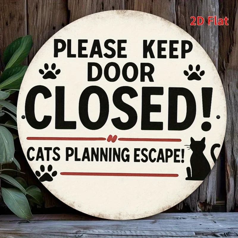 High Definition Iron Painting "Please Keep Door Closed Cats Planning Escape" Funny Round Metal Sign for Pet Lovers Home Decor