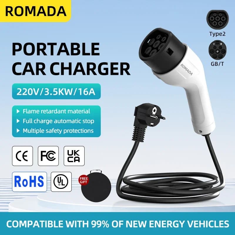 Cavo di ricarica EV ROMADA 16A 3.5KW Tipo 2, caricatore portatile con spina EU impermeabile IP66 per auto elettriche (lunghezza 3-20M)