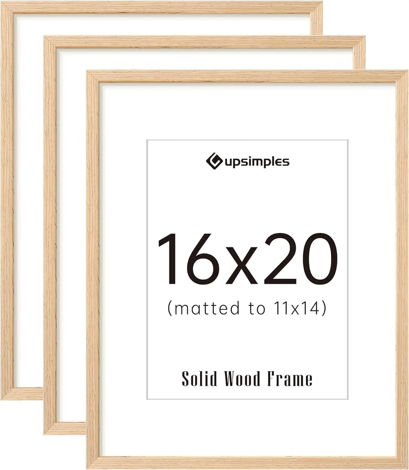 16x20 Picture Frame Set of 3, Natural Solid Wood Frames for 11x14 with Mat or 16x20 without, for Vertical or Horizontal Wall