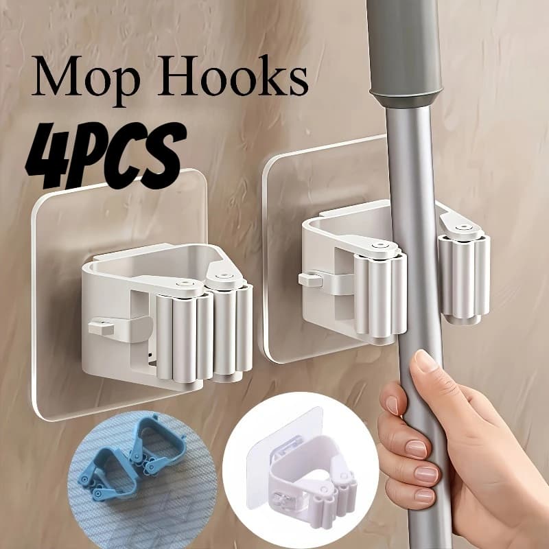 4pcs Strong Adhesive Mop Hooks - No-Drill Wall Hangers for Brooms, Toilet Brushes & Tools, Utility Hooks for Bathroom